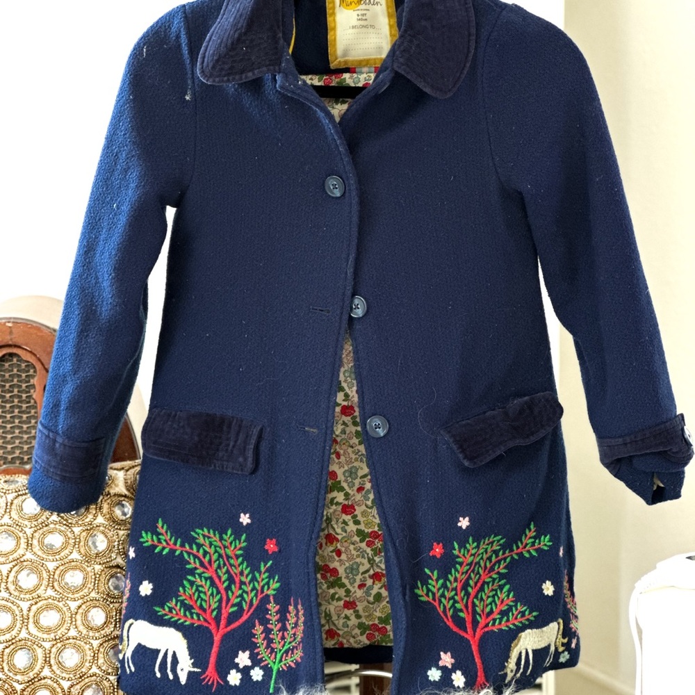 Mini Boden Blue Pea Coat with Embroidered Hem